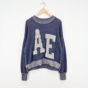 American Eagle RARE AE Logo Chunky Knit Navy Cream Pullover Sweater Size Small